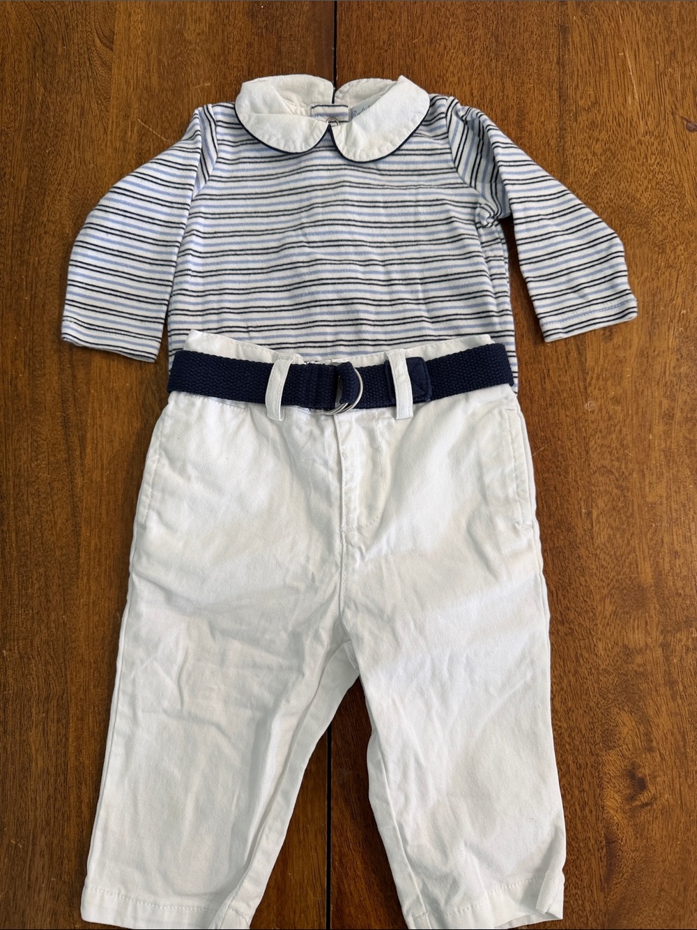 Ralph Lauren Striped Collar Top and White Pants Set w/ Navy Belt Boys 6 months